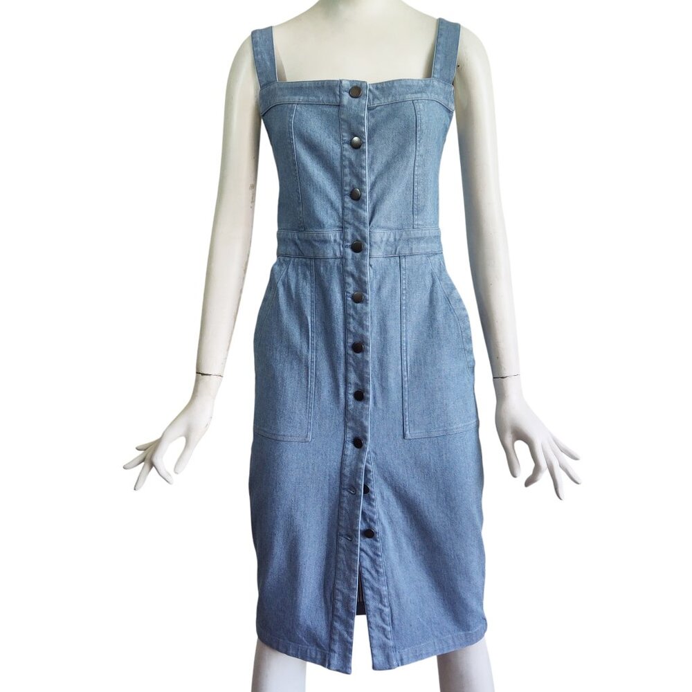 34N 118W Full Button Front Back Tie Pockets Denim Pencil Silhouette Sun Dress M